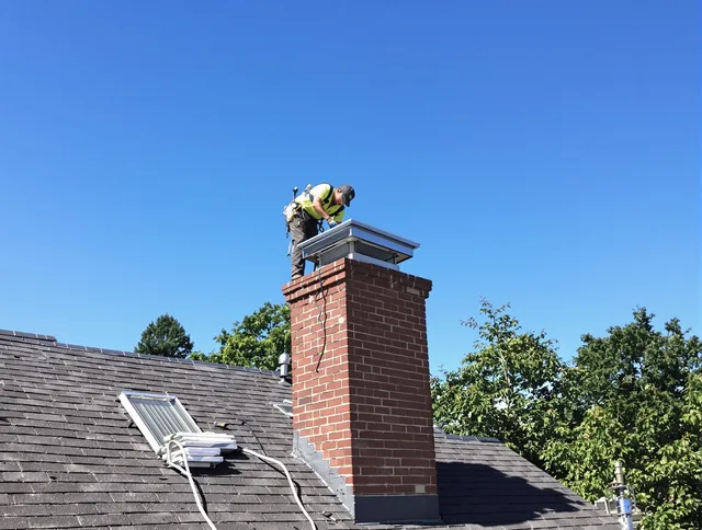 Tolland Chimney Sweep technician measuring a chimney cap in Tolland, CT