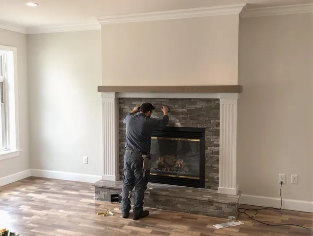 Tolland Chimney Sweep finishing a custom fireplace install in Tolland, CT